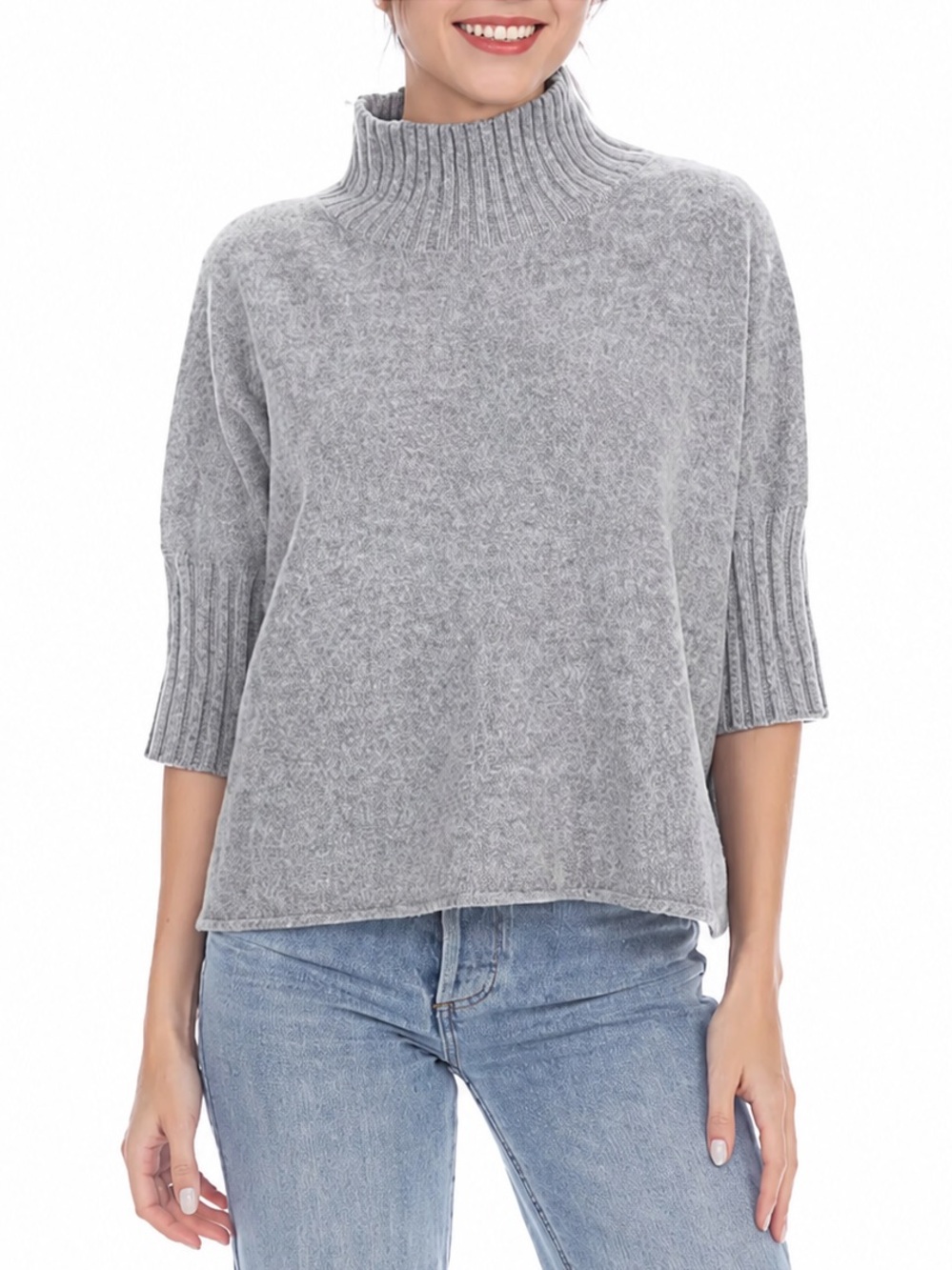 NWT Rain + Rose Heather Gray Mock Neck Boxy  Elbow Sleeve Sweater Top Small